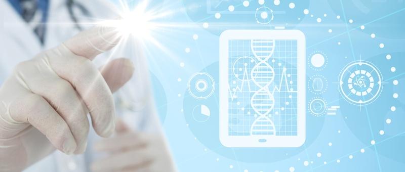 Medical professional in gloves touching digital interface with DNA helix and healthcare icons on blue background.