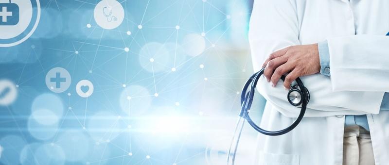 Healthcare professional in white coat holding stethoscope against blue digital medical background with network icons.