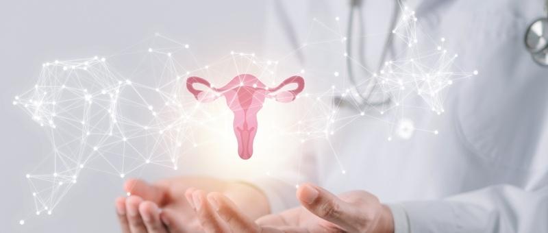 Medical professional's hands holding digital representation of pink uterus surrounded by glowing network connections