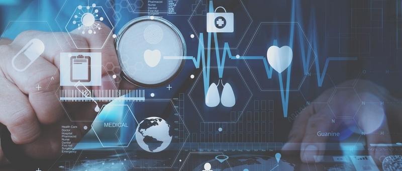 Digital healthcare interface with medical icons, heartbeat line, and virtual health monitoring symbols on blue background.