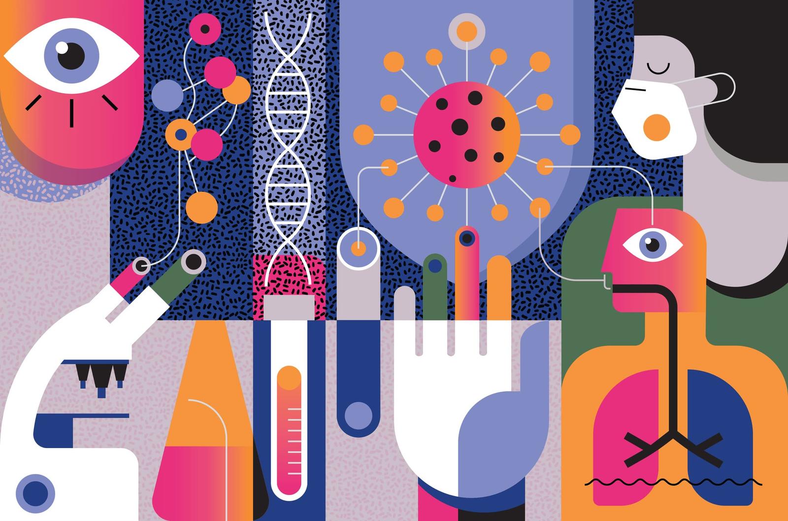 Colourful abstract illustration of scientific concepts with DNA strand, virus, microscope, test tubes, and stylised anatomical elements.