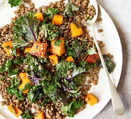 Puy lentils, squash and kale