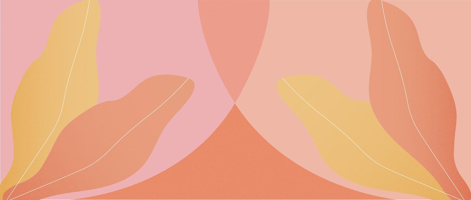 Abstract art featuring flowing organic shapes in warm peach, coral, and yellow tones on a soft pink background.